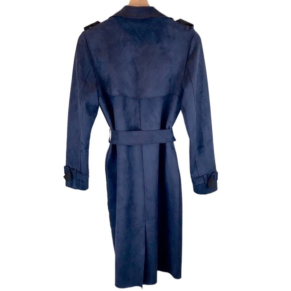 Esprit Midnight Blue Ultrasuede Belted Long Trench Military Coat sz XS - Picture 5 of 11
